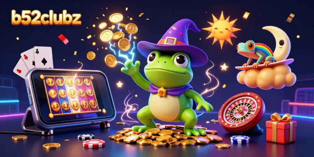 Experience the excitement of b52clubz with dynamic casino elements and magical characters in a vibrant scene.
