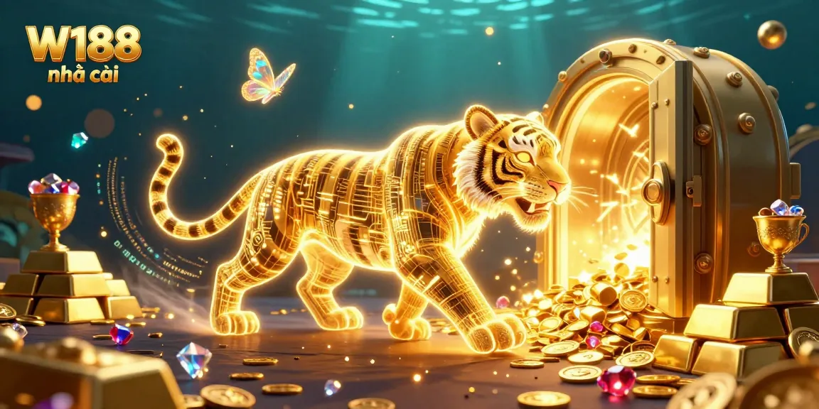 Experience W188 nhà cái exciting casino action with bright neon tigers, gold treasures, and dazzling gems.