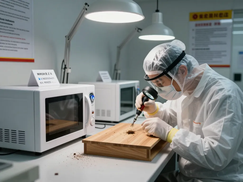 Sterilizzazione microonde coleottero efficace in laboratorio di controllo dei parassiti con tecnico che esamina legno infestato.