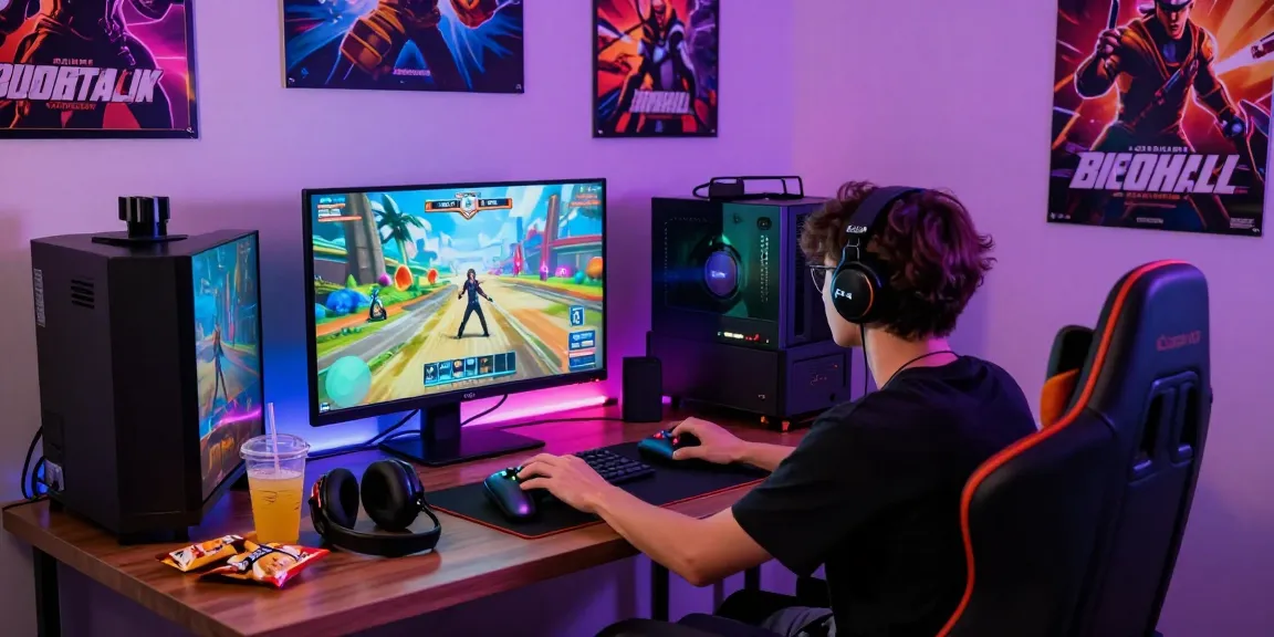 Engaged gamer playing an adult game in a vibrant gaming room with snacks