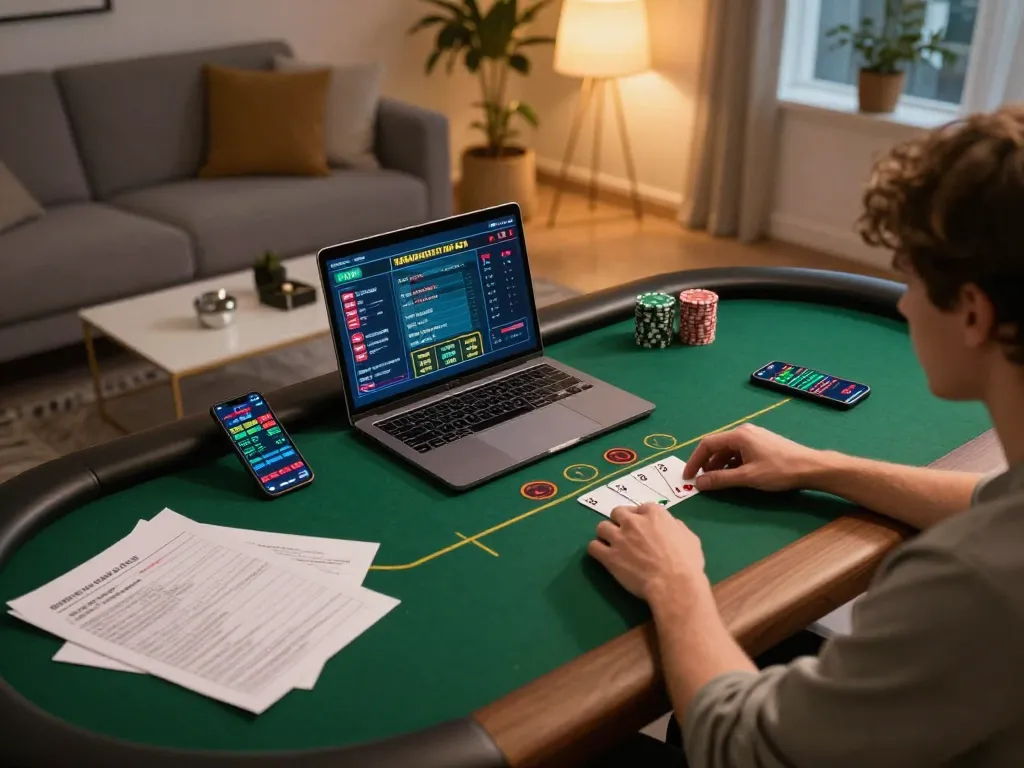 Engaged gamer strategizing while playing kjc kjc poker online with notes and phone.