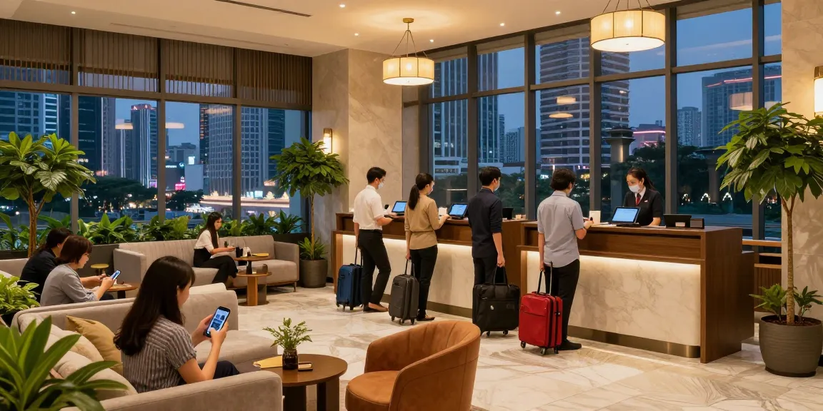 rokok88 login for a modern hotel experience in Jakarta, featuring guests checking in at a stylish lobby.