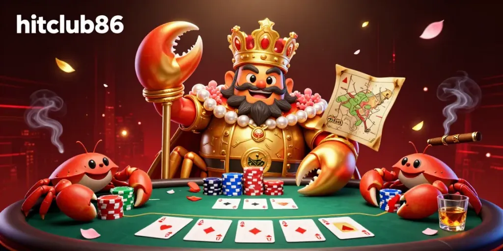 Experience gaming excitement at hitclub86 with a golden crab emperor, vibrant poker action, and luxurious casino elements.