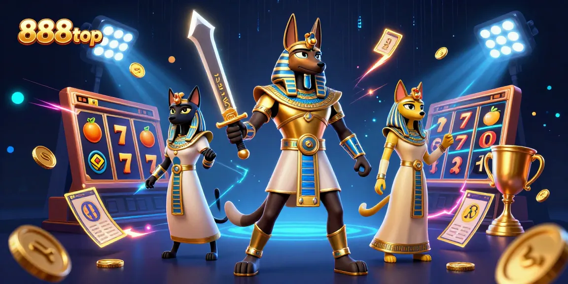 Engage in thrilling slots with 888top's vibrant casino scene featuring Anubis and Bastet.