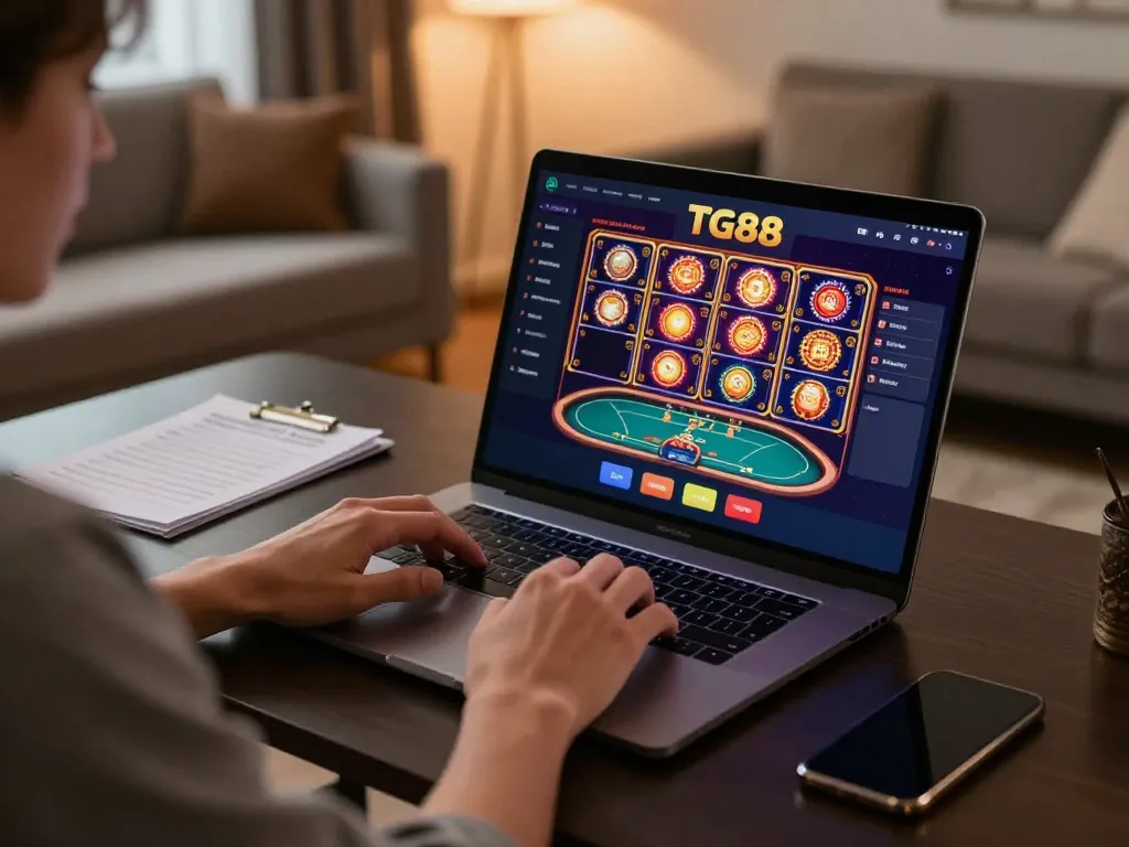 Engaging with TG88 online casino on a laptop, highlighting thrilling gaming atmosphere and personal strategy