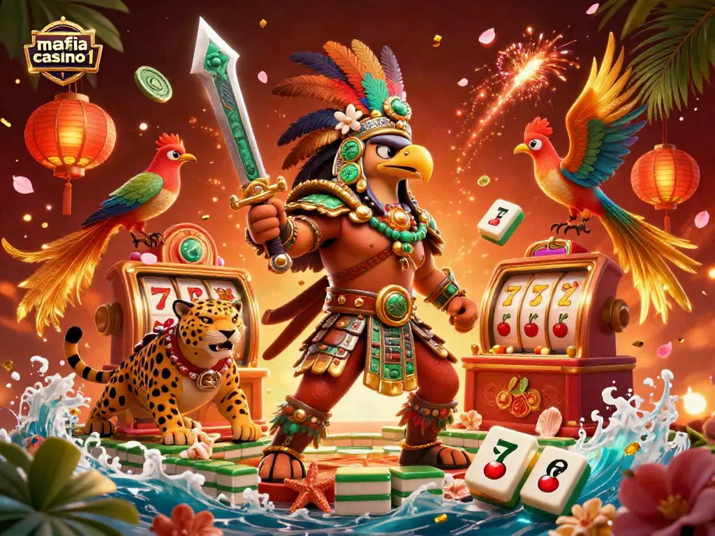 Mafia casino 1 showcases an exciting casino scene with 3D warriors and vibrant game elements gathered in an energetic celebration.