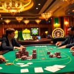 Engaged gamblers at a casino table with JUMLAH BACKLINK strategies for winning bets.
