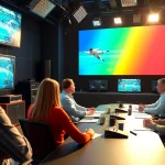 Sports Broadcasting team lively discussing game highlights in a professional studio.