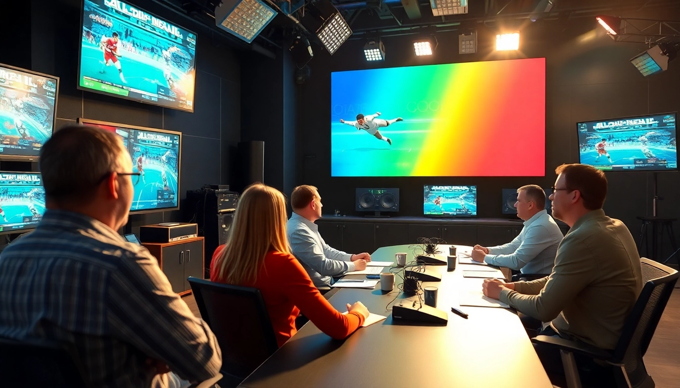 Sports Broadcasting team lively discussing game highlights in a professional studio.