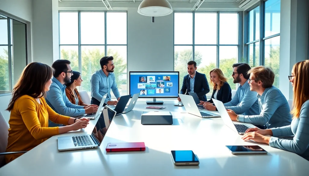 Engaged team strategizing Social Media Marketing in a modern office setting with digital devices.