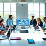 Engaged team strategizing Social Media Marketing in a modern office setting with digital devices.