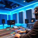 Showcasing a sound engineer engaged in online audio mastering with high-end equipment.