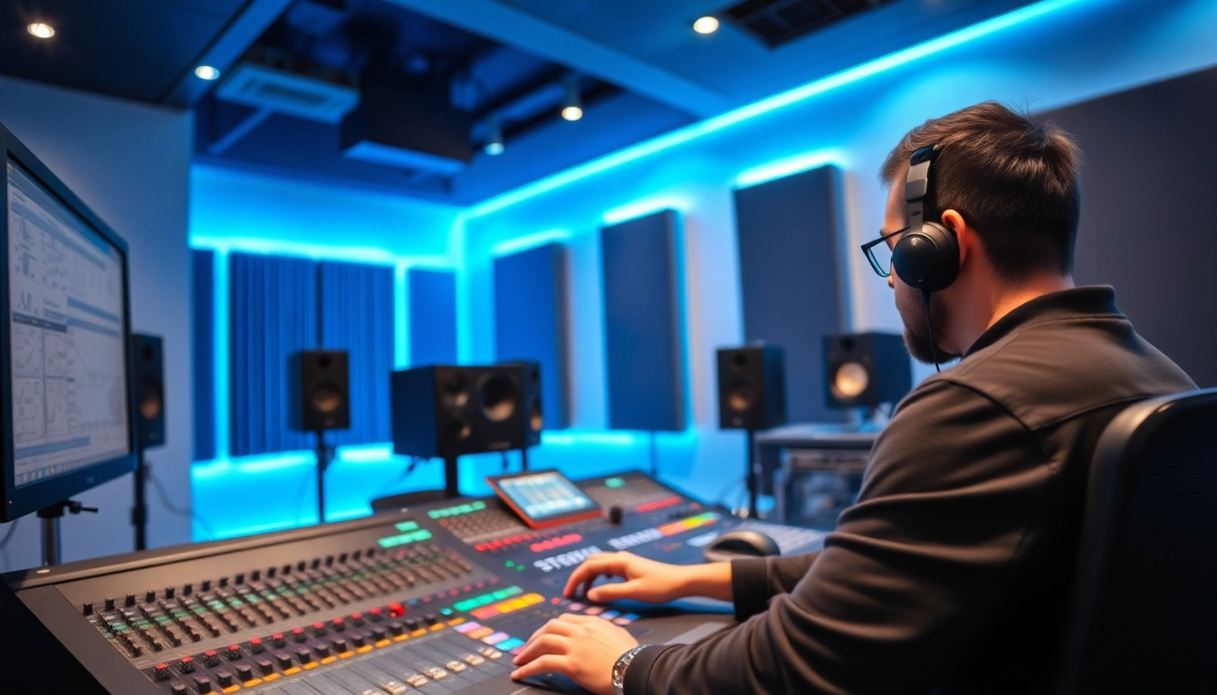 Showcasing a sound engineer engaged in online audio mastering with high-end equipment.