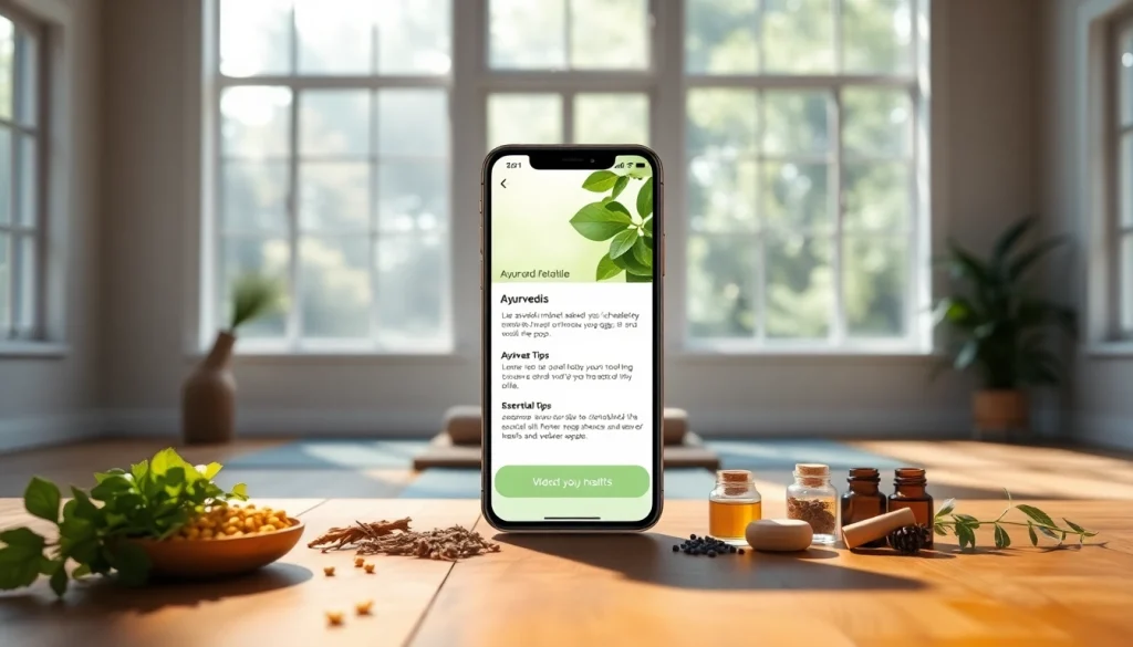 Engaging Ayurveda Mobile App displayed on a smartphone in a calm yoga setting.