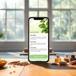 Engaging Ayurveda Mobile App displayed on a smartphone in a calm yoga setting.