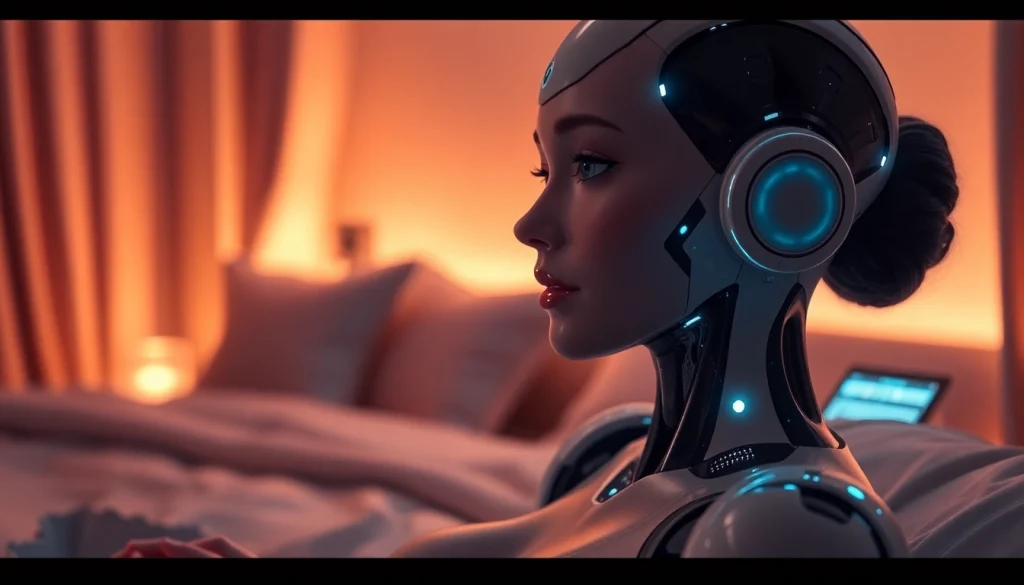 Realistic depiction of a modern sex bot in a cozy, intimate setting, highlighting its human-like features and advanced design.