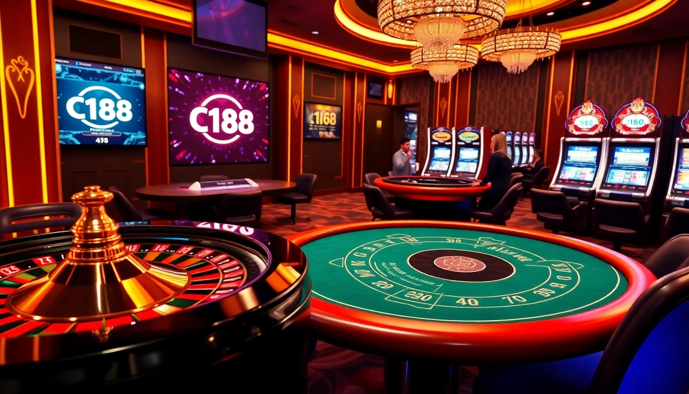 C168 players winning big at a luxurious online casino with poker tables and flashing slot machines.