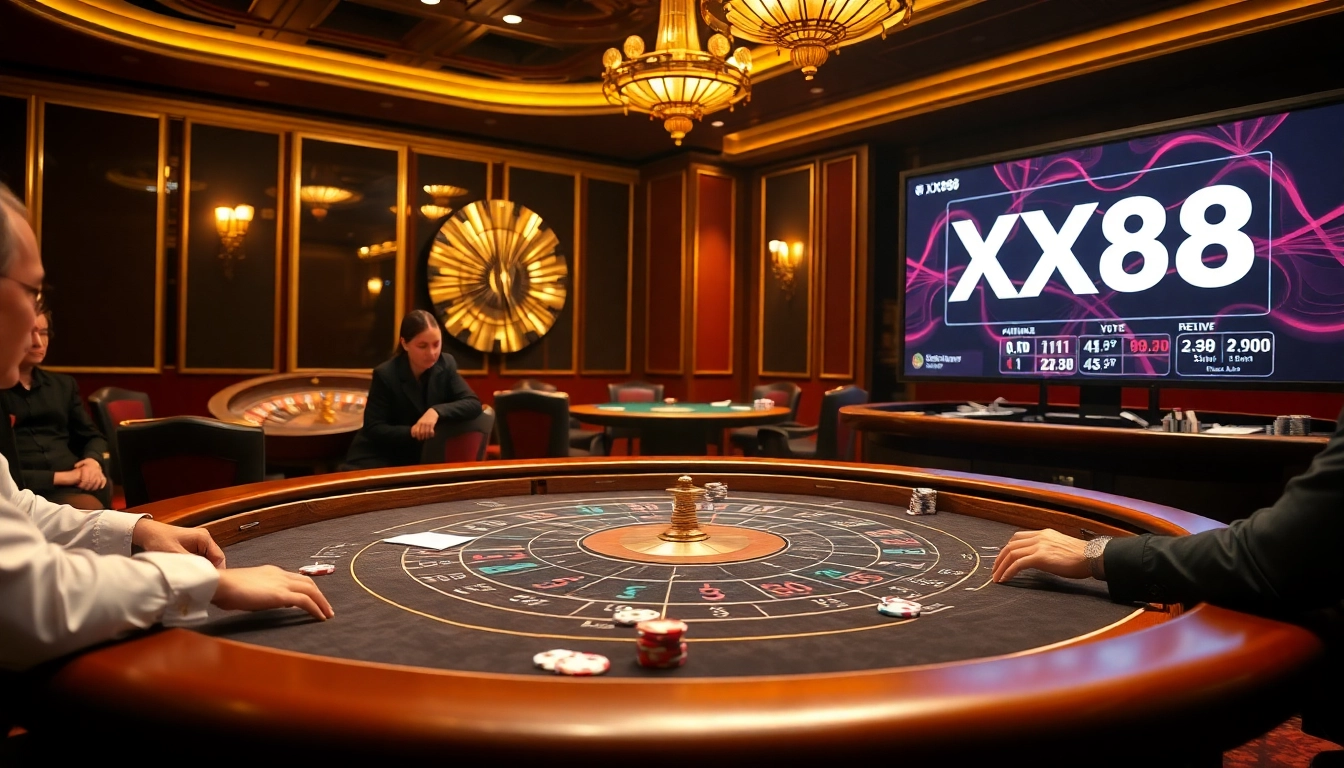 Players enjoying Baccarat at XX88's luxurious casino, filled with excitement and anticipation.