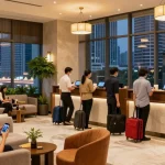 rokok88 login for a modern hotel experience in Jakarta, featuring guests checking in at a stylish lobby.